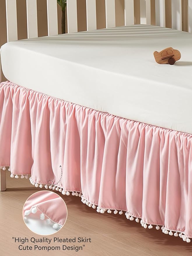 TILLYOU Baby Crib Skirt Girls Boys, Ruffled Bed Skirt with Pompoms, 28”x 52”, 14'' Drop, Pink