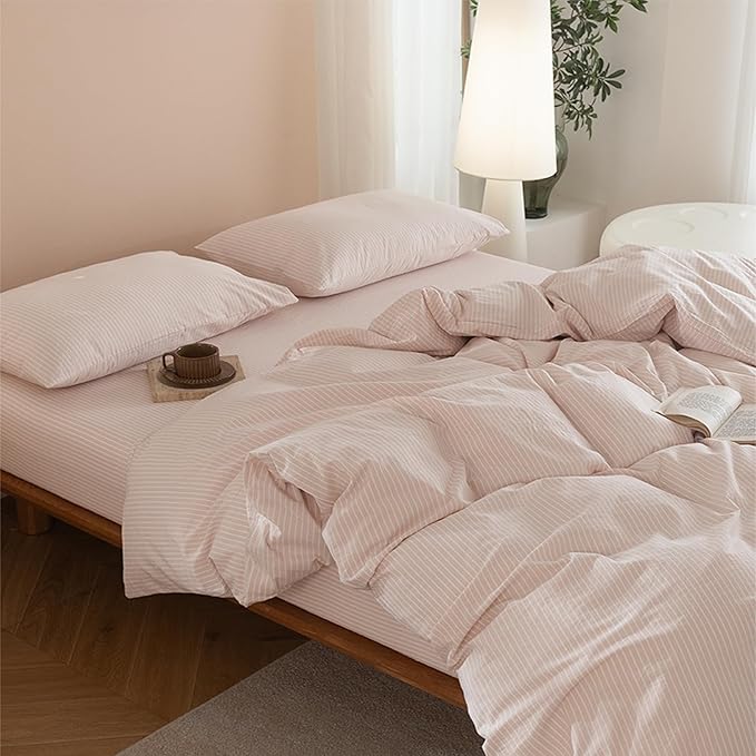 JIYUAN 100% Washed Cotton Striped Duvet Cover Set 3 Pieces King, 1 Duvet Cover and 2 Pillowcases(Comforter Not Included),Linen Like Comfy and Breathable,Pinstripes - Greyish Pink White