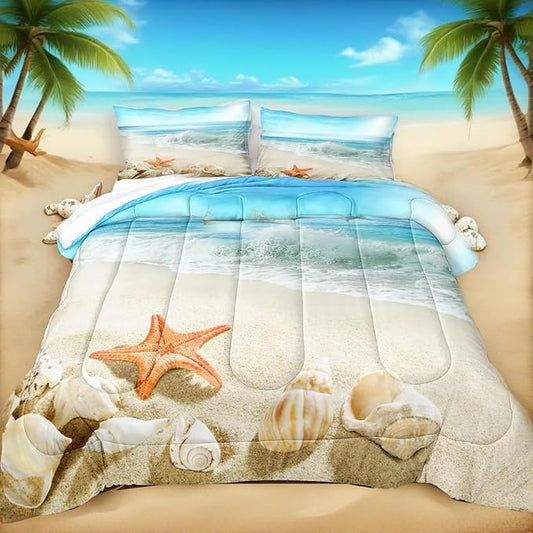 Bedbay Seashell Comforter Coastal Bedding Comforter Set Twin Size Boys Girls Beach Theme Bedding Set Room Decor Starfish Seashore Beach Quilt Set 2 Pcs (Conch,Twin)