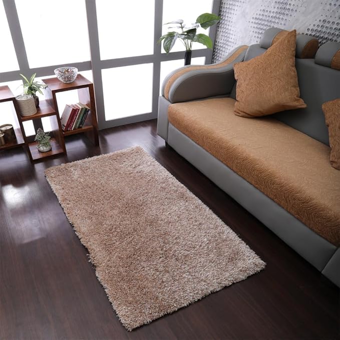 Rugsotic Carpets Hand Tufted SHAG Polyester ECO-Friendly Area Rugs - 5'x8', Rectangle, Beige, Solid Plain Design, High Pile Thick Handmade Anti Skid Area Rugs for Living Room, Bed Room K00111
