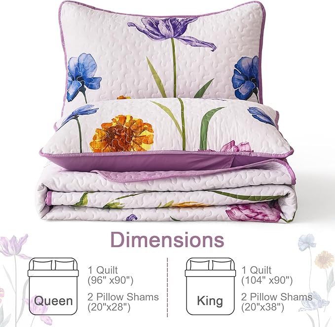 WONGS BEDDING Purple Quilt Set Queen Size,Floral Printed Bedspread Coverlet Bedding Set,3 Pieces Lightweight Farmhouse Spring Botanical Quilts Set (96"x90")