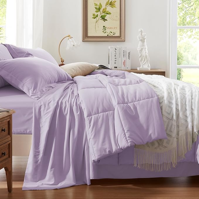 Anluoer King Comforter Set 7 Piece, Lavender Bed in a Bag with Sheets, Comforters King Size Bedding Sets with 1 Comforter, 2 Pillow Shams, 2 Pillowcases, 1 Flat Sheet,1 Fitted Sheet
