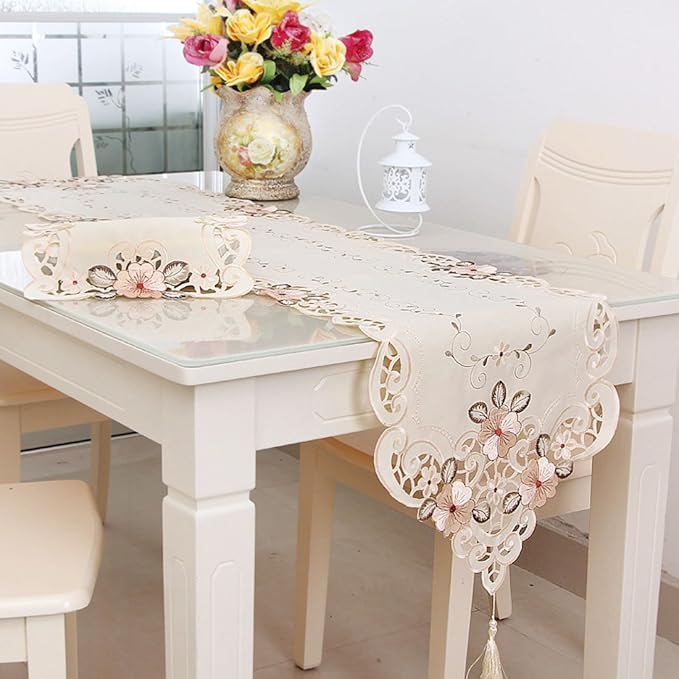 LeLehome 15 Inch X 77 Inch Classic Embroidered Lace Long Table Runner Washable Fabric Table Top Floral Home Party Decoration - Beige Flower