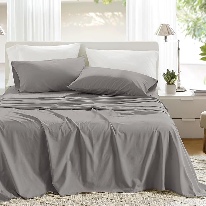 Comfort Spaces 100% Cotton Sheets Full, Breathable & Ultra Soft Cotton Sheets, Naturally Cool Cotton Bed Sheets with 14" Elastic Pocket Fits up to 16" Mattress, All Season Sheet Set, Dark Gray 4 Piece