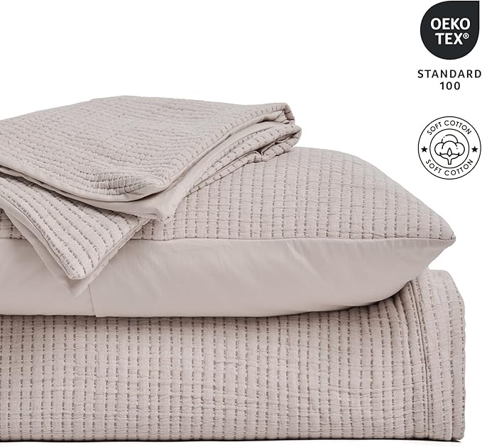 EVERGRACEHOME Cotton Gauze Full Queen Bedspread, Ultra Soft Prewashed Pick Stitch Matelassé Coverlet, Lightweight Textured Oversized Queen Quilt Bedding Set for All Season, with 2 Shams, Rosette Beige