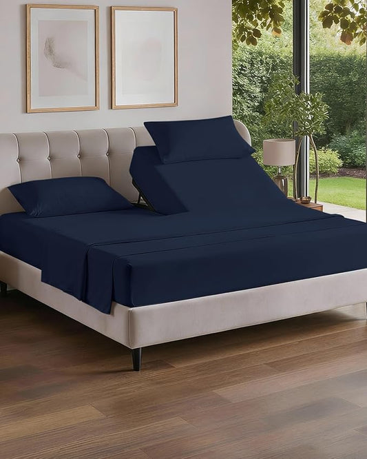 Split Head King Sheets Set - Top Split King Sheets for Adjustable Beds, Easy-Fit Split Head King Mattress - Flex Split Top King Sheets, Easy-Fit, Breathable, Deep Pocket Split King Sheets - Navy Blue