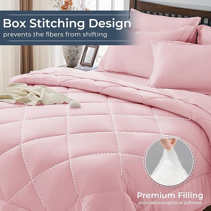 HEVUMYI Pink Twin Comforter Set - 5-Piece All Season Bed in a Bag Twin, Ultra Soft Bedding Set with Comforter, Flat Sheet, Fitted Sheet, Pillowcases, Pillow Shams, Pink