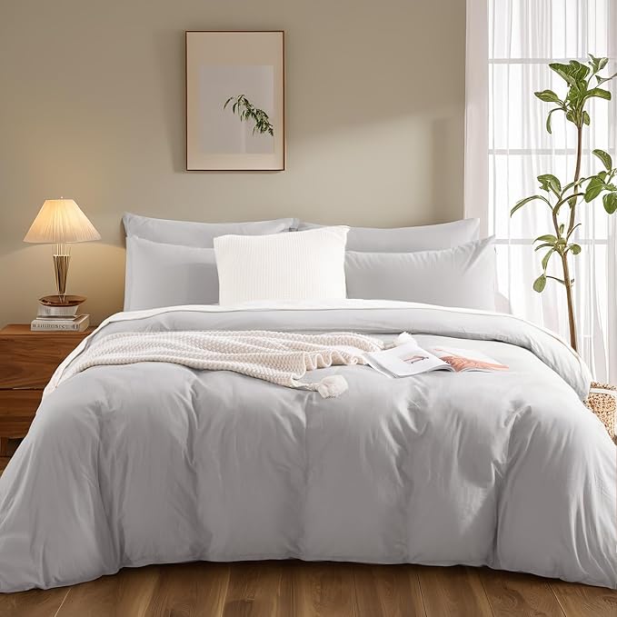 NEXHOME PRO Duvet Cover Set King Size Linen Feel Textured Organic Natural 100% Washed Cotton Duvet Cover 3 Pieces Bedding Set with Zipper Closure, Breathable, Soft, Light Grey (No Comforter)