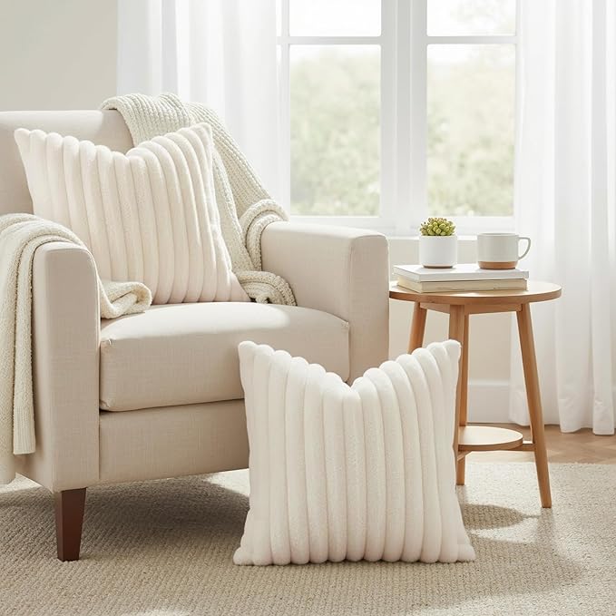 decorUhome Cozy Faux Fur Spring Throw Pillow Covers 20x20 Set of 2 Decorative Soft Plush Striped Modern Farmhouse Boho Couch Pillow Cases with Velvet Back for Sofa Bed Living Room, Cream White