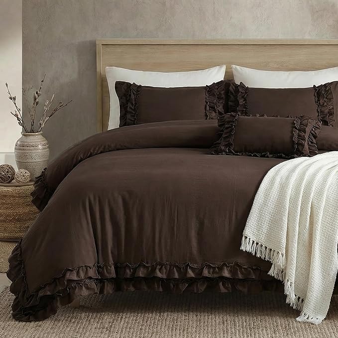 Dark Brown Duvet Cover Set Elegant Ruffled Bedding Twin Shabby Chic Lace Ruffle Boho Bedroom Decor Vintage Boho Style Chocolate Duvet Cover with Pillowcases