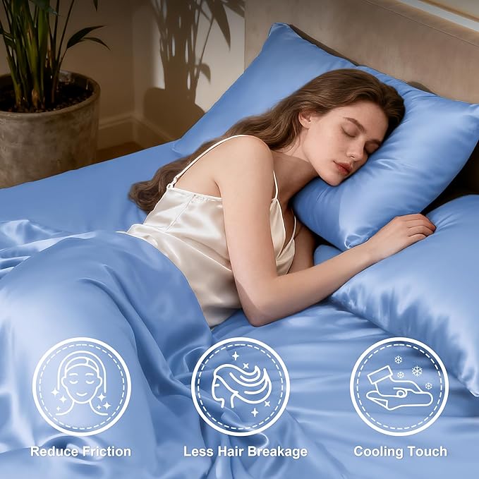 Love's cabin Satin Sheet Set - 3 Piece Sky Blue, Luxury Silky Feel, Twin Size, Deep Pockets, Wrinkle Resistant