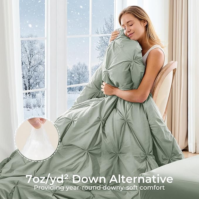Sasttie Queen Comforter Set, 7-Piece Bed in a Bag, Pintuck Bedding Sets for All Season, Includes Comforter, Flat Sheet, Fitted Sheet, Pillowcases and Pillowshams, Sage Grey