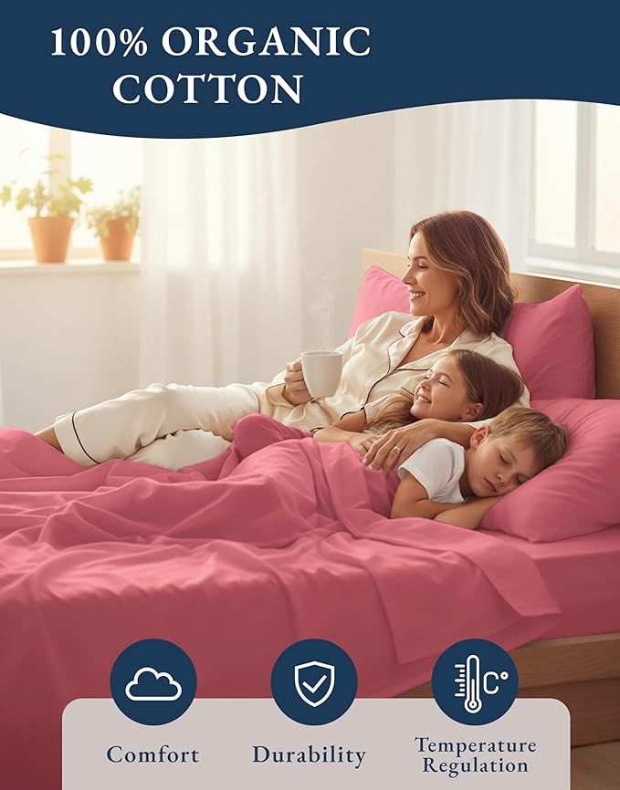 LANE LINEN 100% Organic Cotton Bedsheets King Size Bed, Soft & Comfy Luxury Hotel Style Percale Cooling Sheets King Size, Oeko Tex Certified Sustainably Produced Cotton Sheets- Mineral Red