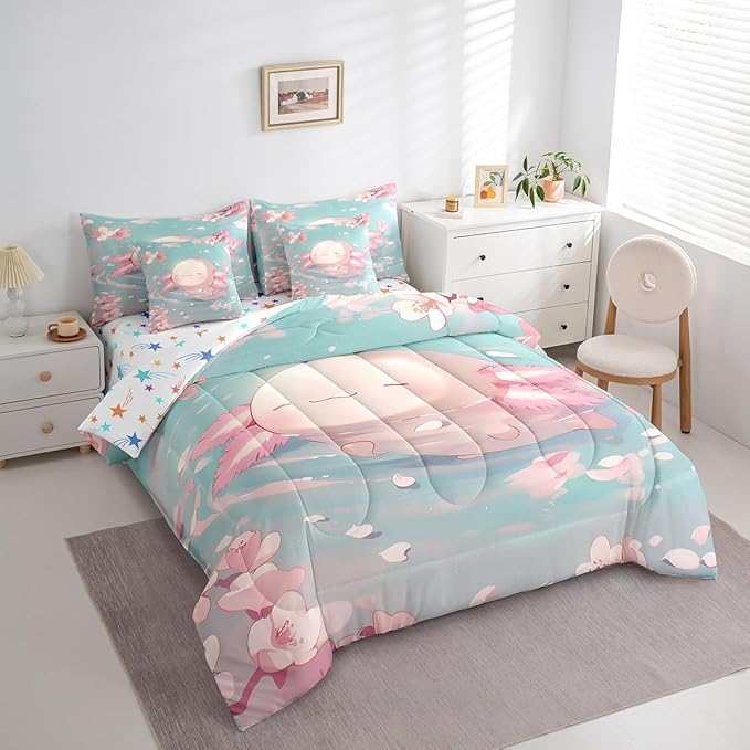 Feelyou Kids Cute Axolotl Comforter Set with Sheets Twin Size, Cartoon Salamander 7 Pieces Bedding Set Boys Girls Kawaii Ocean Sealife Bed in A Bag Cherry Blossoms Teens Bed Set Bedroom Decor 7Pcs