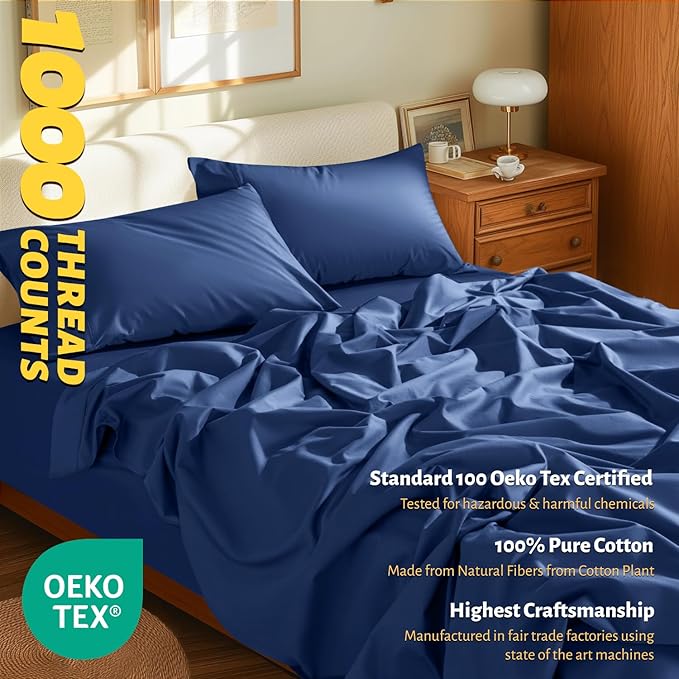 Shilucheng 100% Egyptian Cotton Sheets Set - 1000 Thread Count，Luxury Cotton Bed Sheets，Breathable & Cooling Bedding and Pillow Cases, 16 Inch Deep Pocket - 4 Piece (California King, Navy Blue)