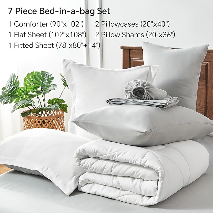 BEDELITE King Size Comforter Set 7 Pieces Bed in A Bag - Soft Microfiber Reversible White Bed Set with Comforters, Sheets, Pillowcases & Shams, Cozy Luxury Bedding Sets for All Season