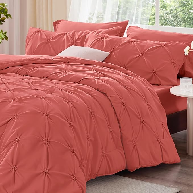 BEDELITE Coral Queen Comforter Set - 3 Pieces Boho Pintuck Bedding Comforter Sets, Lightweight Soft & Warm Bed Comforter Queen with 2 Pillowcases for All Season