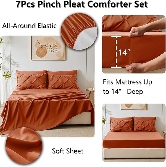 Full Comforter Set Burnt Orange, 7 Pieces Pintuck Bed in A Bag Full Size Bedding, Soft Bed Set All Season Pinch Pleat Comforter Set with Sheets, Pillowcases & Shams