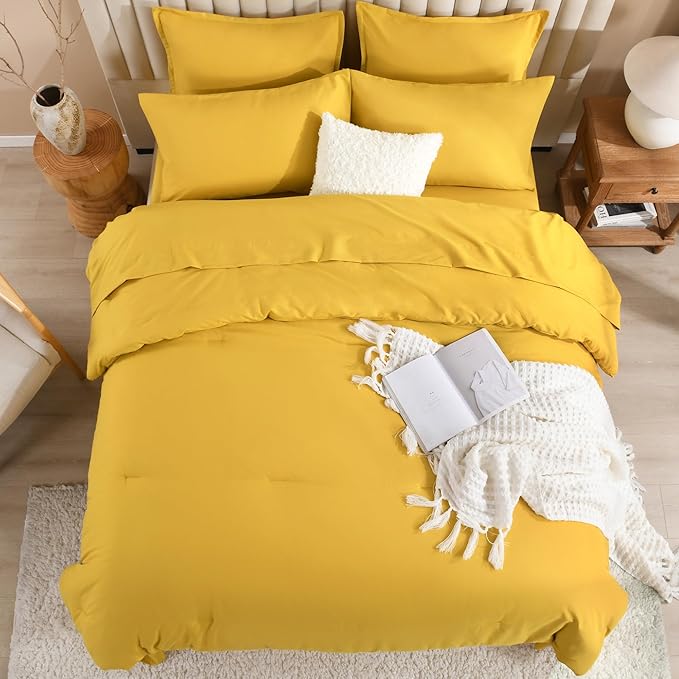 Litanika Comforter California King Size Set Mustard Yellow - 7 Pieces Bed in a Bag California King Bedding Comforter Sets, Plain Lightweight Bed Set with Comforter, Sheets, Pillowcases & Shams
