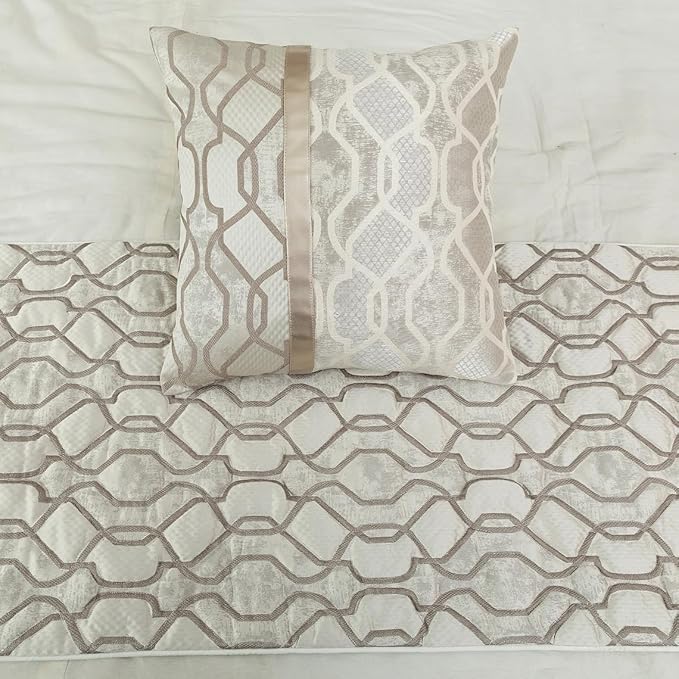 The HomeCentric King/Queen/Twin Ivory & Silver Decorative Full 68"x18" Bed Runner with Pillow Cover, Lattice & Quilted Bed Scarf on Jacquard Silk Fabric - Ivory Delicacy