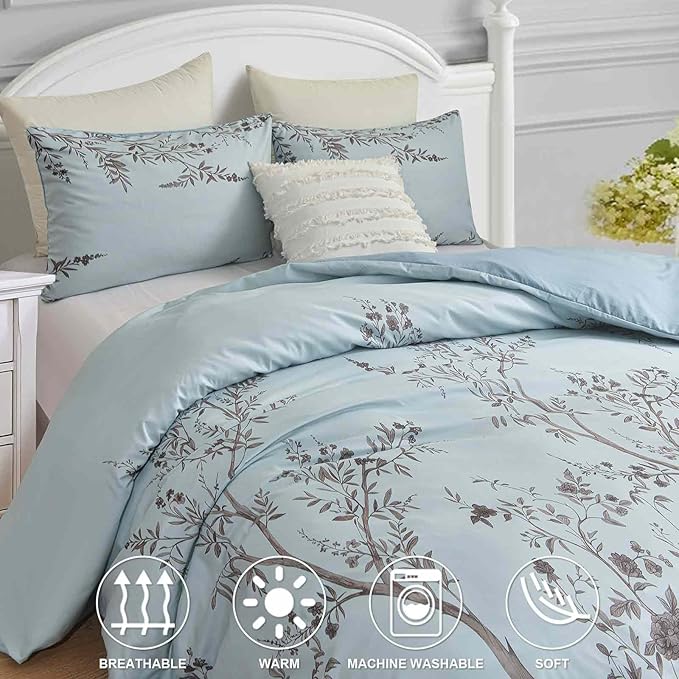 Nanko Floral Duvet Cover Set Queen Size, Teal Blue Brown Tan Leaf Print Pattern, Soft Microfiber Reversible Comforter Bedding Cover with Zip Ties - French Vintage Farmhouse for Women Men, 3Pcs 90x90