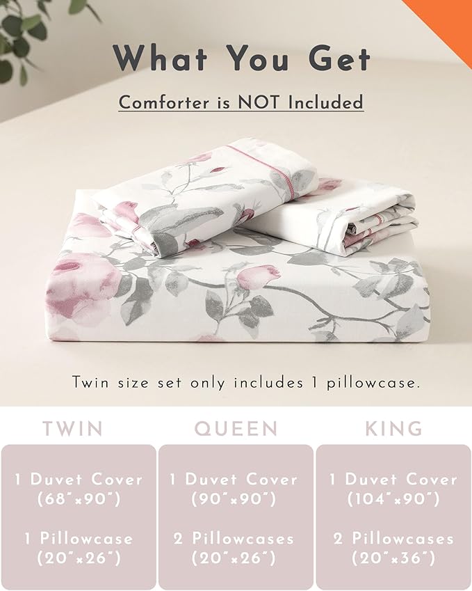 Vintage 100% Cotton Duvet Cover King Size - Dusty Rose & Soft Gray Foliage on White, Blush French Striped Patchwork Reverse, Neutural Bedding Set 3Pcs with Button Closure (King,104"x90")