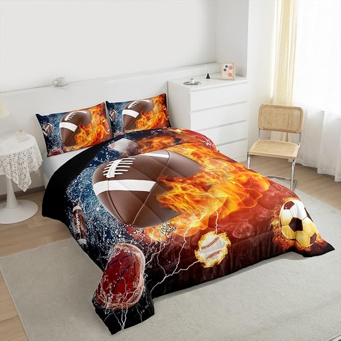 Erosebridal Football Comforter Set King Rugby Sports Bedding Set for Teen Boys Kids,Soccer Basketball Baseball Comforter Red Blue Water Fire Lightning Quilt Duvet Insert Bedroom Decor 2 Pillow Cases
