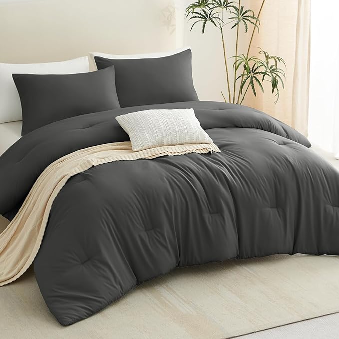 CozyLux Comforter Full Size Set Dark Grey, 3 Pieces Solid Dark Gray Soft Bed Set for All Season, Luxury Breathable Quilted Style Microfiber Down Alternative Bedding Sets (1 Comforter & 2 Pillowcases)