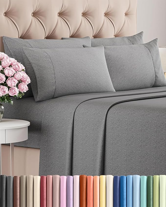 Cal King 6 Piece Sheet Set - Comfy Breathable & Cooling - Soft Hotel Luxury Bedding Set w/ 8-16 Inch Deep Pockets - 1 Flat & 1 Fitted Sheet & 4 Pillowcases - Wrinkle Free & Easy Care - Heathered Grey
