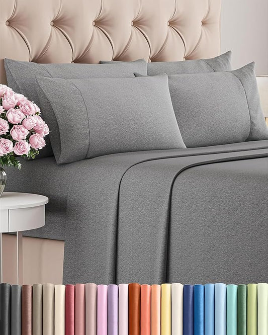 Queen 6 Piece Sheet Set - Comfy Breathable & Cooling - Soft Hotel Luxury Bedding Set with 8-16 Inch Deep Pockets - 1 Flat & 1 Fitted Sheet & 4 Pillowcases - Wrinkle Free & Easy Care - Heathered Grey