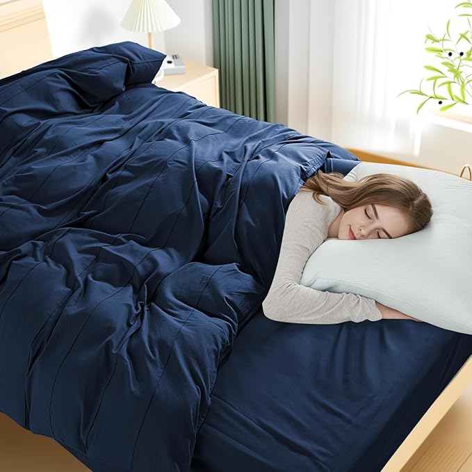 NEXHOME PRO 100% Organic Cotton Duvet Cover Super King Size, Linen Like Pleated Textured Navy Duvet Cover Set, 3pc Bedding Set with Zipper Closure, Soft,108"x98", No Comforter
