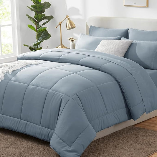 CozyLux Full Size Comforter Sets Grayish Blue, 7 Pieces Bed in a Bag, Blue Comforter Full Size, All Season Bedding Sets with Stitch Quilted Comforter, Flat Sheet, Fitted Sheet, Pillowcases