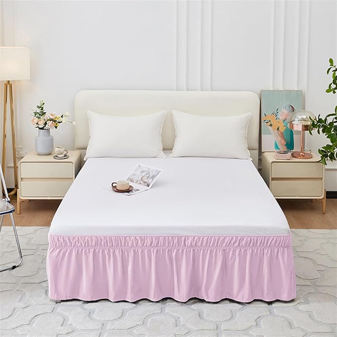 GIBZ Adjustable Wrap Around Ruffled Bed Skirt, Elastic Dust Ruffles Easy Fit Wrinkle & Fade Resistant, Machine Washable, Twin 16" Drop, Light Pink