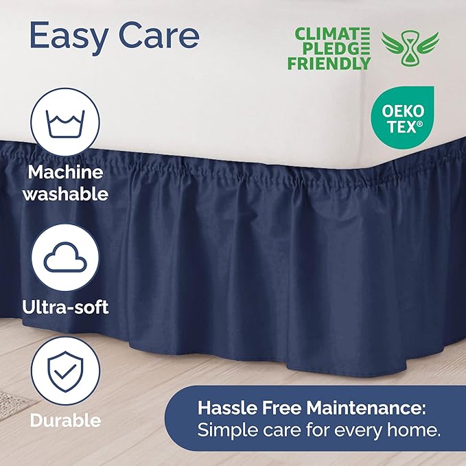 Wrap Around Dust Ruffle Bed Skirt - Navy Blue - for King Size Beds with 15 Inch Drop - Elastic Strap - Adjustable Pleated Bedskirt with Brushed Fabric and Wrinkle Free - for Women, Men, Kids & Teens
