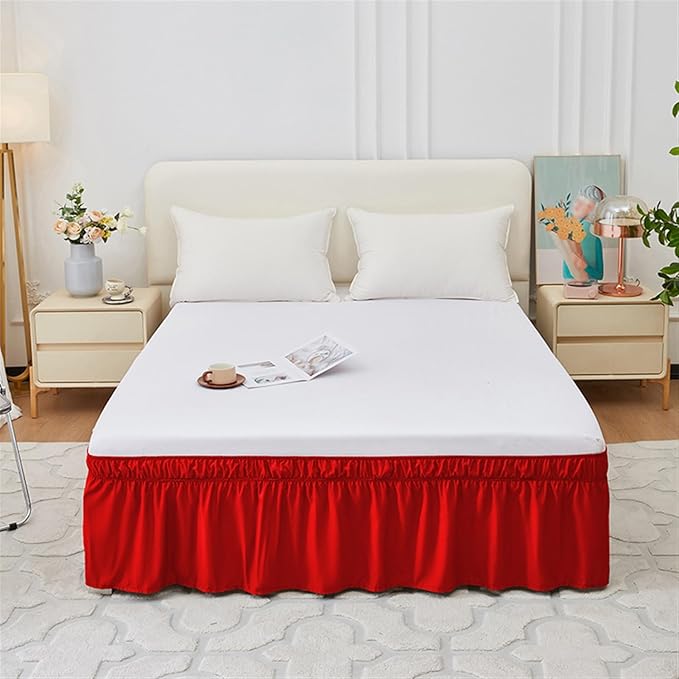 GIBZ Adjustable Wrap Around Ruffled Bed Skirt, Elastic Dust Ruffles Easy Fit Wrinkle & Fade Resistant, Machine Washable, Twin 16" Drop, Red