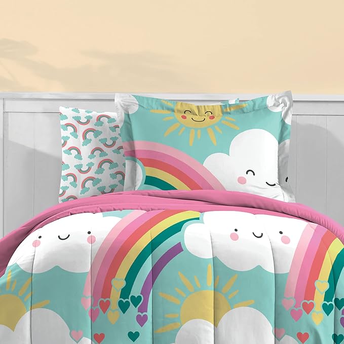 Dream Factory Kids 7-Piece Complete Bed Set Easy-Wash Super Soft Microfiber Comforter Bedding, Full, Teal Rainbow Flare, (2D872502TE)