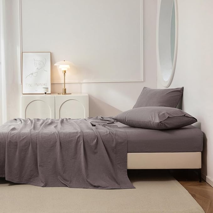 JIYUAN 100% Washed Cotton Sheet Set 4 Pieces Queen,1 Fitted Sheet,1 Flat Sheet and 2 Pillowcases,Comfy and Breathable Linen Like Bedding Set,Heathered Mauve Brown