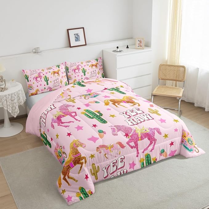 Feelyou Pink Glitter Cowgirl Decor Girls Comforter Set King Size for Women Adults Cowboy Horse Boots Print Kids Kawaii Bedding Set Girly Pink Wooden Farmhouse Quilt Set with 2 Pillowcases