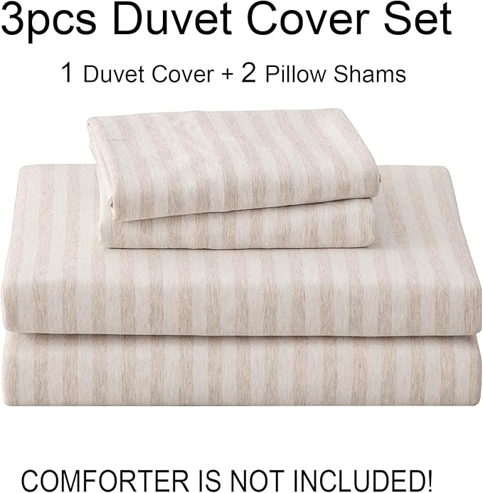 PURE ERA Jersey Knit Duvet Cover Set 100% T-Shirt Heather Cotton Super Soft Comfy Classic Striped Design, with Zipper Closure, Heather Beige Stripe, Queen