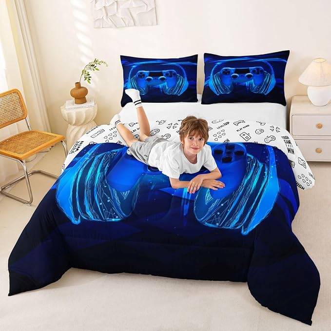 Feelyou Gamer Bedding Set Kids Video Game Gamepad Comforter Set for Boys Teens Gaming Headset Comforter Breathable Blue Game Controller Duvet Set Room Decor Quilt Set Queen Size