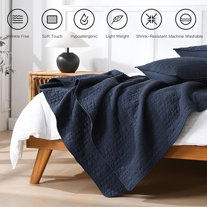 HORIMOTE HOME Navy Quilt Set Queen Size, Lightweight Soft Pre-Washed Microfiber Circle Pattern Bedspread Coverlet, 3 Pieces Quilt Bedding Set with Pillow Shams for All Season, 90x96 inches