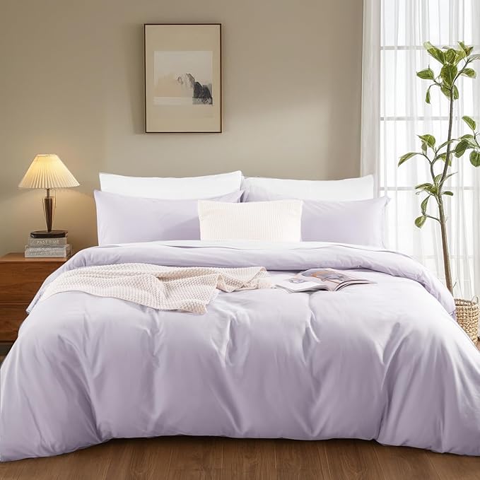 NEXHOME PRO Twin Duvet Cover Set, 100% Washed Cotton with Linen-Like Texture, Natural Organic, Breathable & Comfortable, Includes Home Bedding Set Lilac (No Comforter) 6890