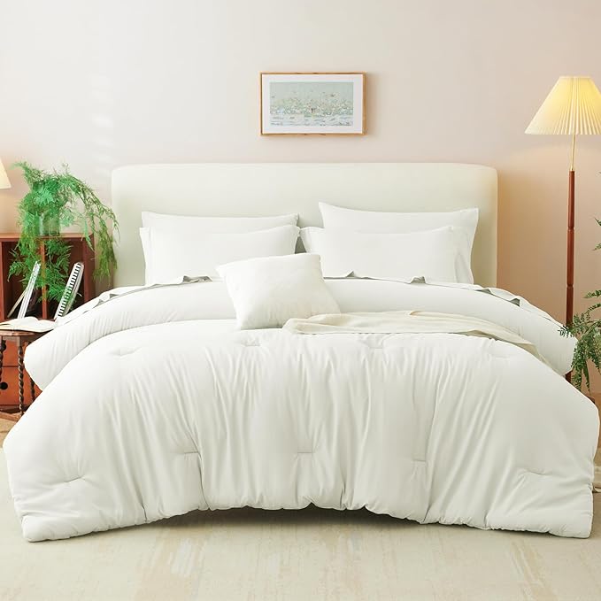 CozyLux Full Size Comforter Set Ivory, 7 Pieces Bed in a Bag Full Comforter Set with Sheets, Soft Bedding Set with Down Alternative Comforter, Fitted Sheets, Flat Sheets, Pillow Shams and Pillowcases