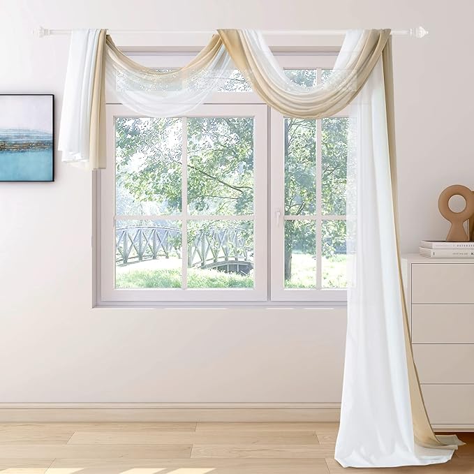 NAPEARL Ombre Window Scarf Valance, Romantic Gradient Voile Scarf Valance for Ceremony Backdrop, Wedding Arch, Kids Bedroom, Decorative Swag Curtain 144 Inches, Beige