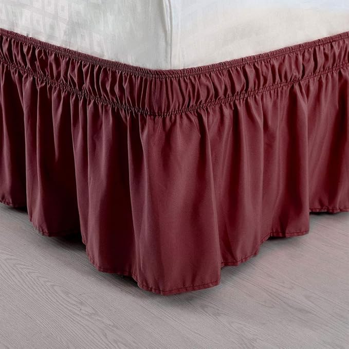 Bed Skirt - Wrap Around Bed Skirts Elastic Dust Ruffles, Easy Fit Wrinkle and Fade Resistant Luxurious Fabric Solid Color, Burgundy Full XXL Size Beds 15 Inch Drop