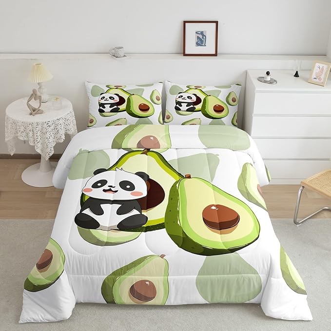 Erosebridal Panda Comforter Set King,Avocado Bedding Set Cute Black White Panda Bedding Bear Cat Bedding Comforter for Kids Boys Girls Green Tropical Fruit Quilt Duvet Set Room Decor 2 Pillow Cases