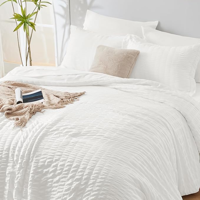 CozyLux Twin Comforter Set with Sheets 5 Pieces, White Seersucker Textured Bed in a Bag for Girls, Luxury Soft Bedding Set with Down Alternative Comforter, Sheets, Pillowcases & Shams for All Seasons