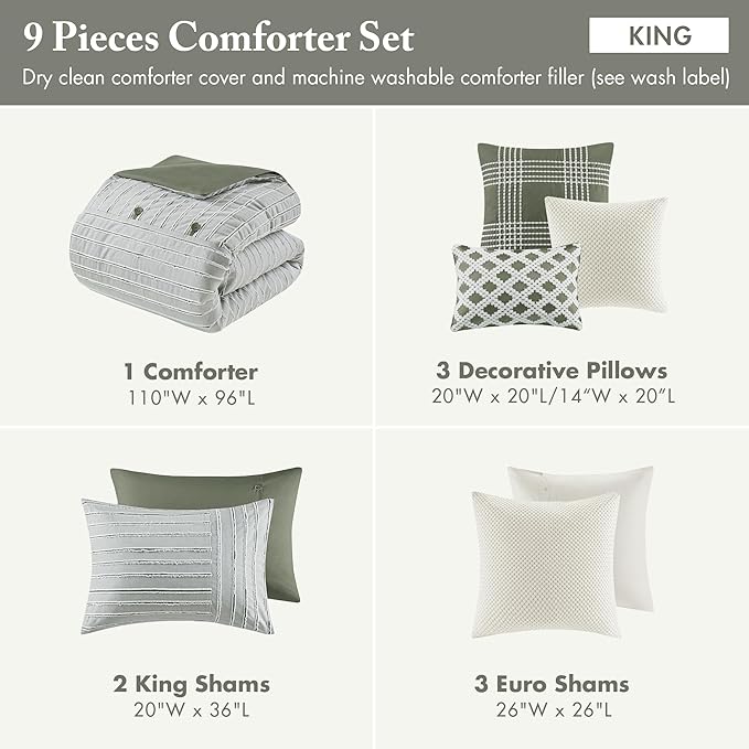 Madison Park Comforter Set Cotton Clipped Jacquard, Oversized Comforters, All Season Down Alternative Overfilled King Size Comforter, Essence, Green 9 Piece