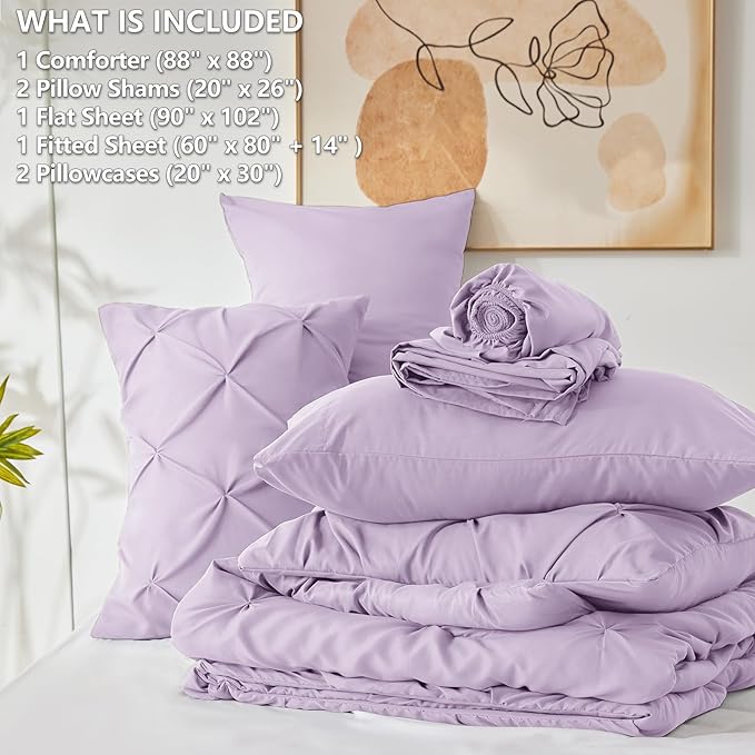 Queen Comforter Set Lavender, 7 Pieces Pintuck Bed in A Bag Queen Size Bedding, Soft Bed Set All Season Pinch Pleat Comforter Set with Sheets, Pillowcases & Shams