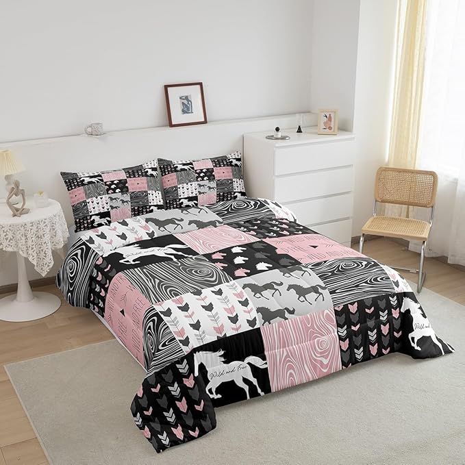 Girls Unicorn Comforter Queen Girly White Horse Bedding Western Cowboy Cowgirls Quilt Patchwork Buffalo Plaid Duvet Insert Arrow Stripes Wild Animal Soft Down Comforter 3Pcs Bedroom Decor,Pink Black